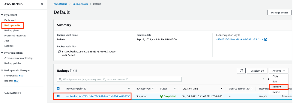Backup vaults Restore