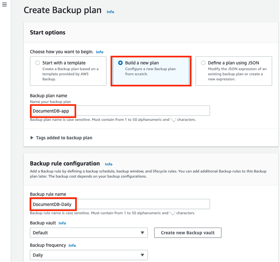 Build new Backup plan for DocumentDB