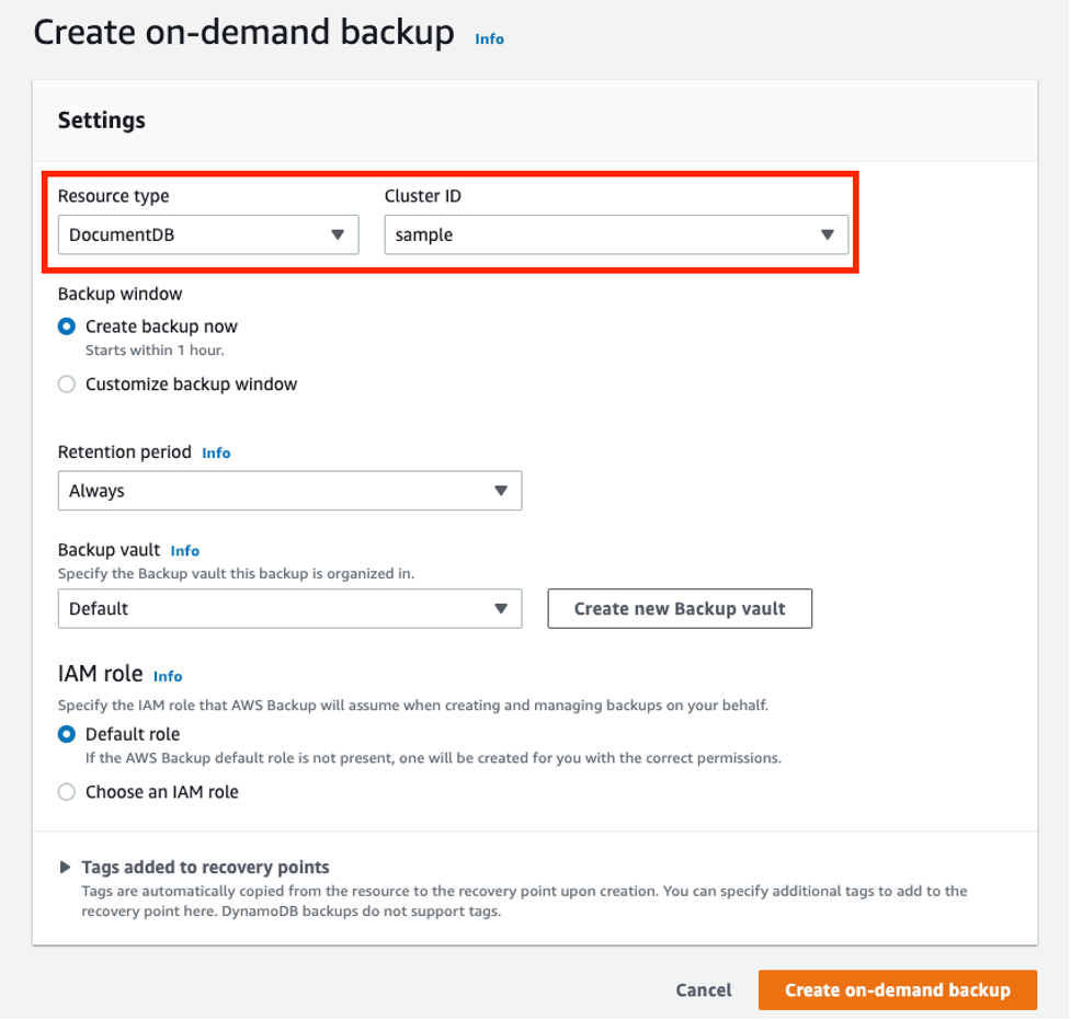 Create on-demand backup DocumentDB Resource type