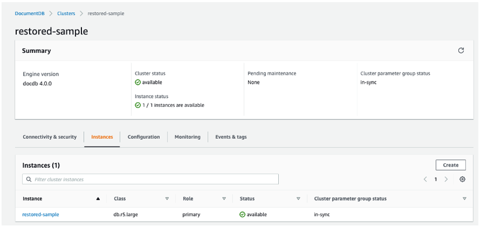 DocumentDB Cluster instance restored and available