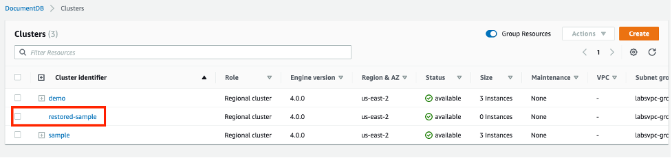 Restored DocumentDB cluster