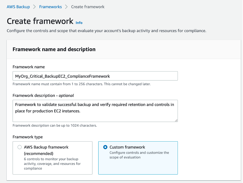 AWS Backup Audit Manager Framework creation wizard