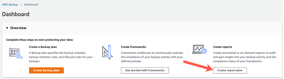 AWS Backup dasboard - Create report plan