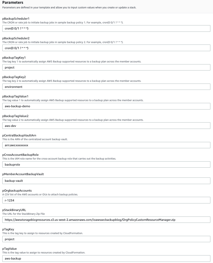 Backup policy automation parameters