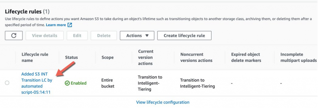 An example of the S3 Lifecycle rule added by the Python script