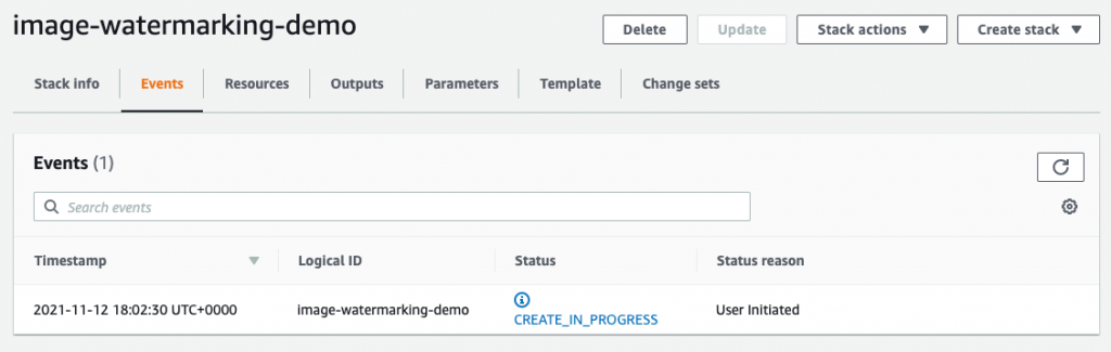 Click on Create stack, and the building process will begin. Your stack will take about 5-10 minutes to complete.