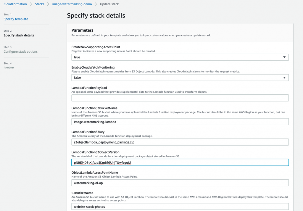 In the Specify stack details page, we enter the new Lambda function version id under the LambdaFunctionS3ObjectVersion parameter