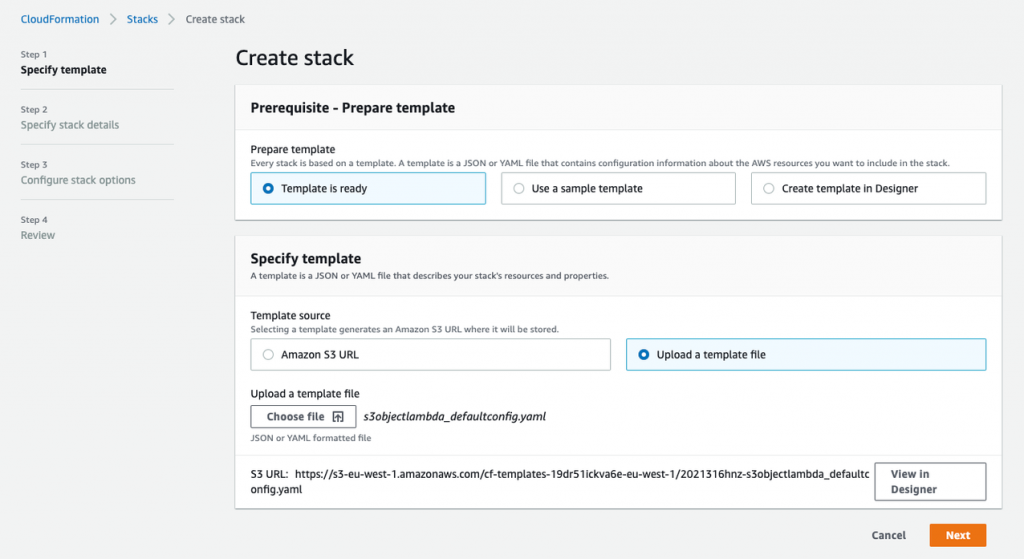 Screenshot shows that we downloaded the template from the GitHub repository and uploaded it to the CloudFormation console