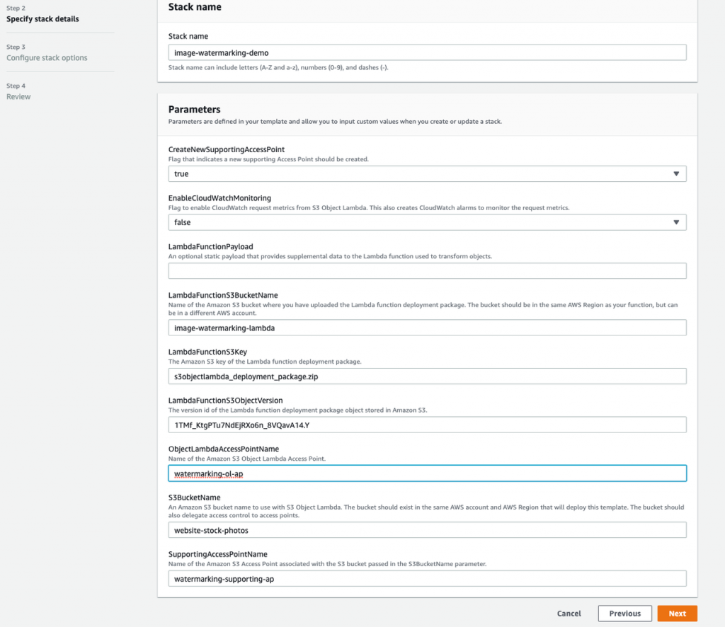 Specify stack details to set the essential parameters to the CloudFormation template
