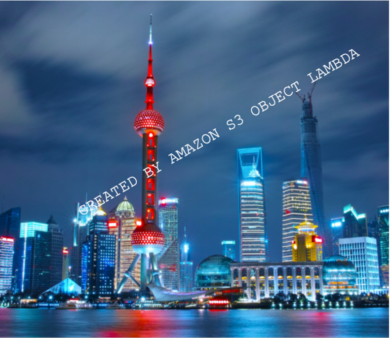 opening any image from the bucket will dynamically invoke your Object Lambda Access Point and Lambda function to transform the image (watermark added) (1)