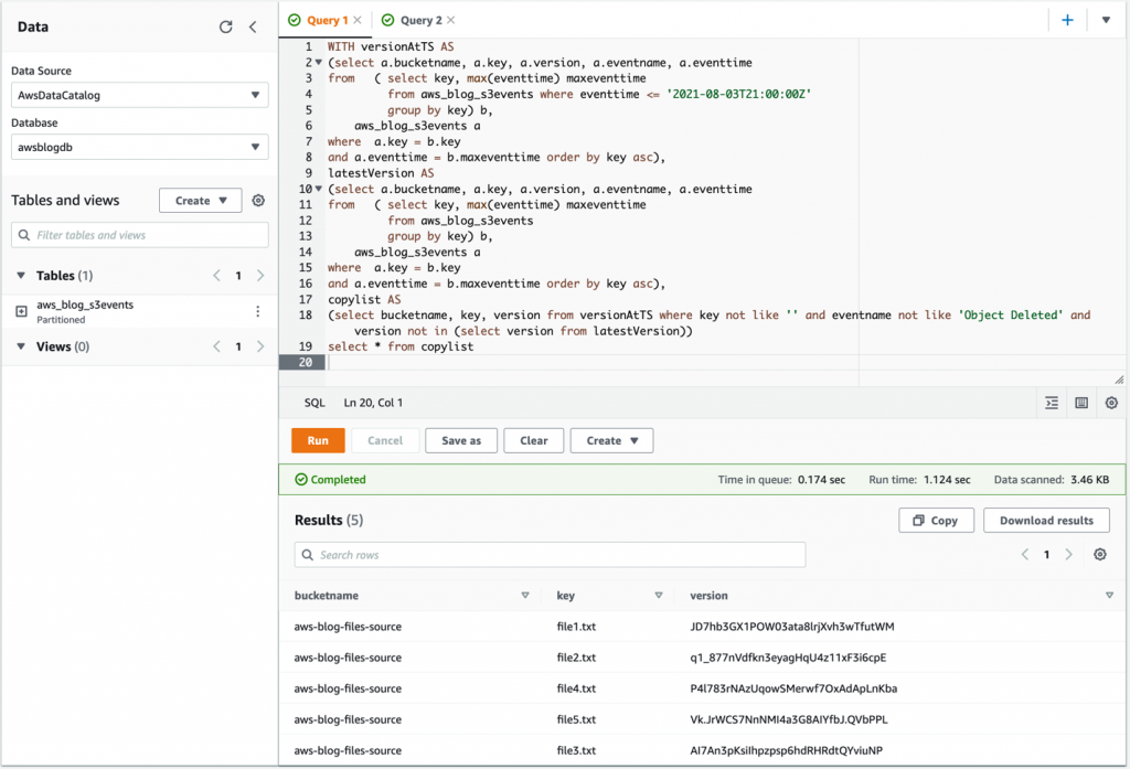 The first Athena query, as follows, determines the objects that need to be restored back to prior version