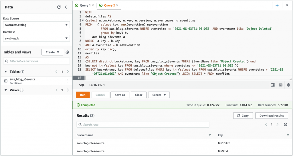 The second Athena query, as follows, determines which objects did not exist at point in time and should be deleted