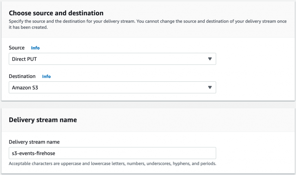 We create an Amazon Kinesis Data Firehose delivery stream (s3-events-firehose) which EventBridge uses as target.