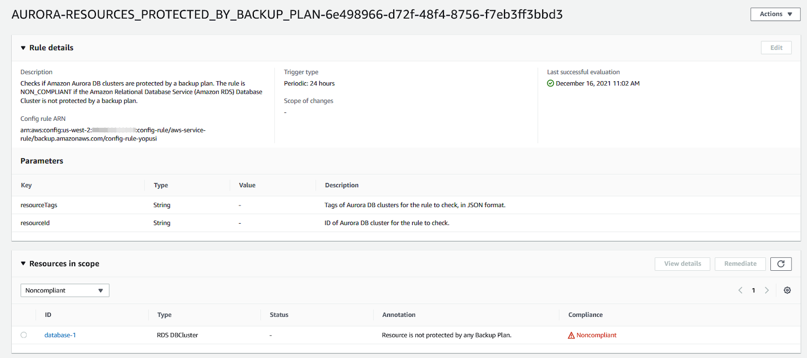 AWS Config rule evaluates Backup control