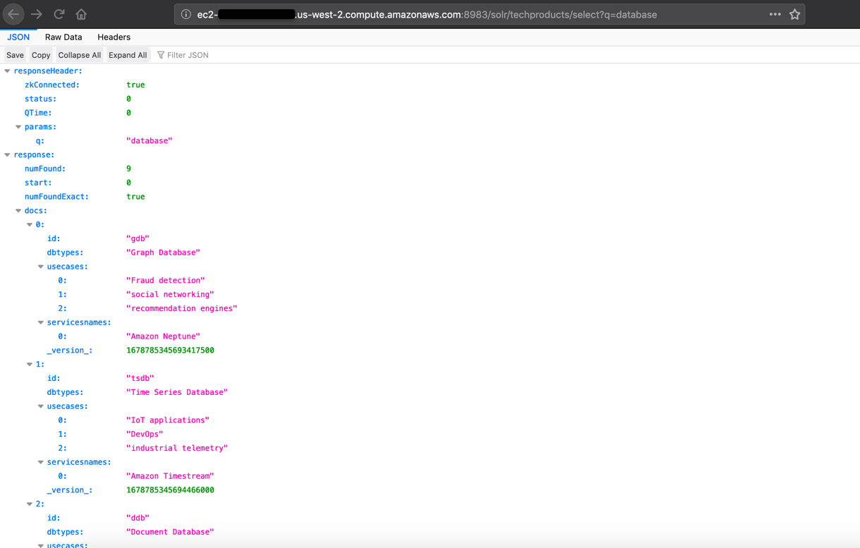 Apache Solr application query view of the indexed sample data file on the source host.