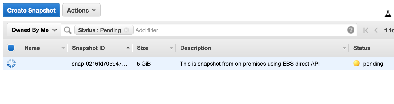 Initially, the EBS snapshot was created in a pending state in the Amazon EC2 console as illustrated in Figure 6.