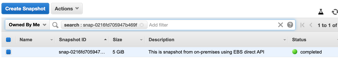 After coldsnap finished the upload of the snapshot of the block device corresponding to /solr, the snapshot status changed from pending to completed in EC2 console as shown in Figure 7