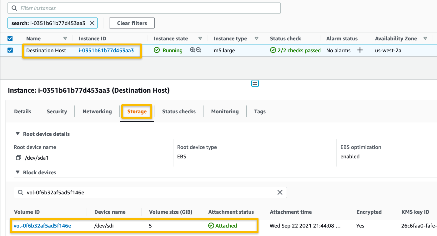 In the Amazon EC2 console, we verify that the volume was attached to the destination host by navigating to the Storage tab under the destination host, as illustrated in Figure 8.