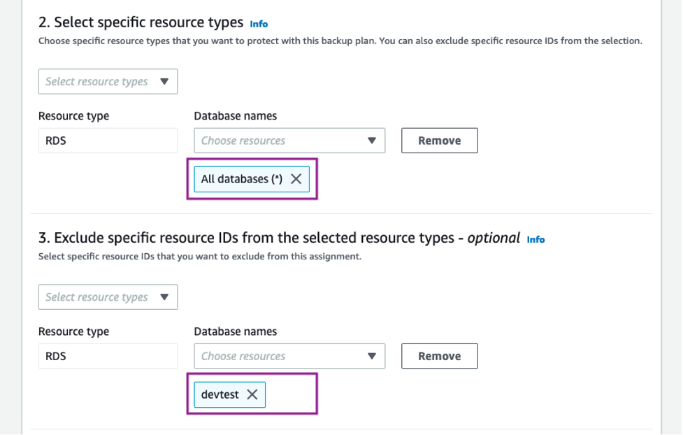 Assignment rule - back up all RDS instances excluding the devtest database