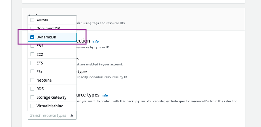 Select DynamoDB tables as resource to backup