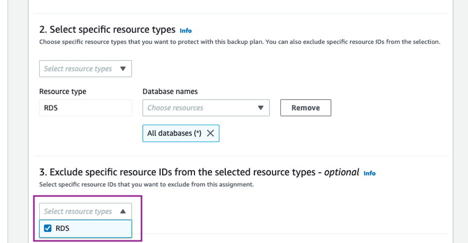 Select RDS resource type for exclusion using ID