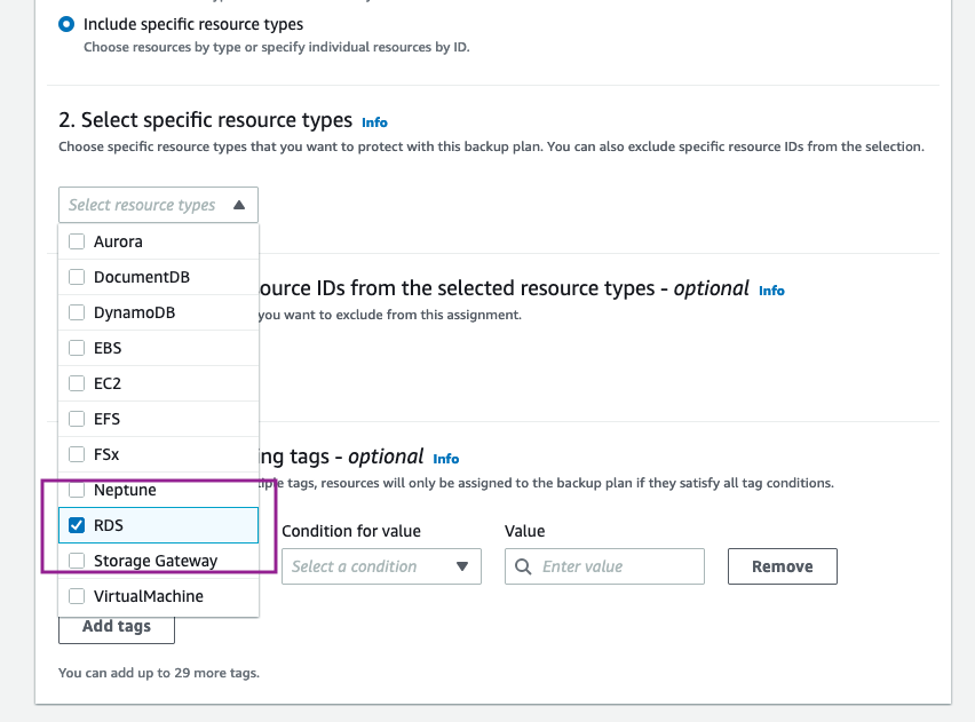 Select RDS resource type