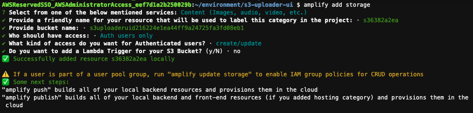 Figure10-Screen of the command amplify add storage after answering the questions