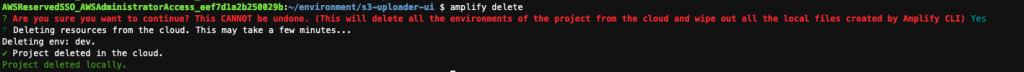 The screen above displays the results of the amplify delete command
