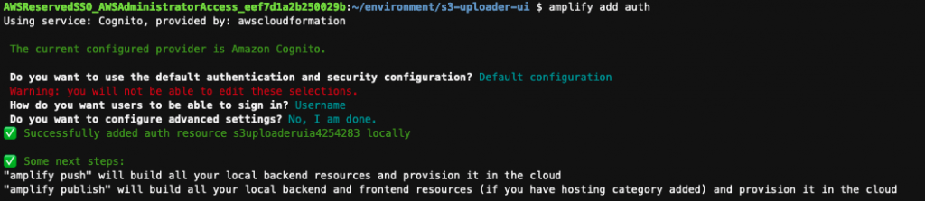 Figure9-View of the command amplify add auth after answering the questions