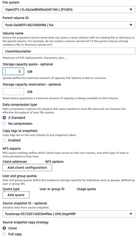 Create an FSx for OpenZFS Clone Volume