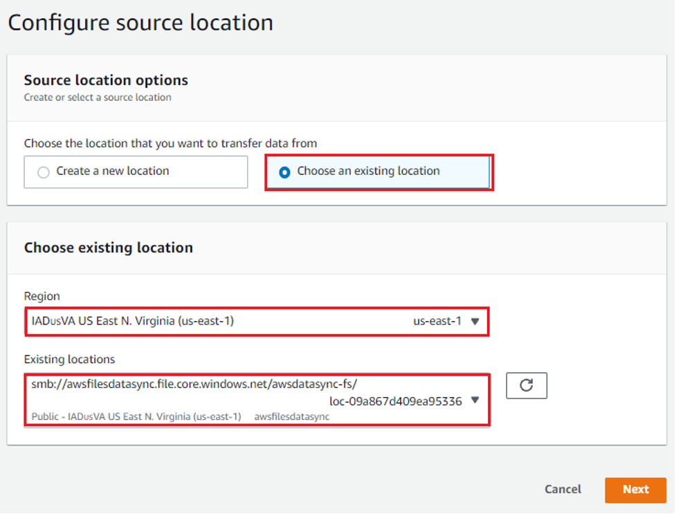 The AWS Management Console displays the Configure source location settings. The settings correspond to the Azure SMB location previously created.