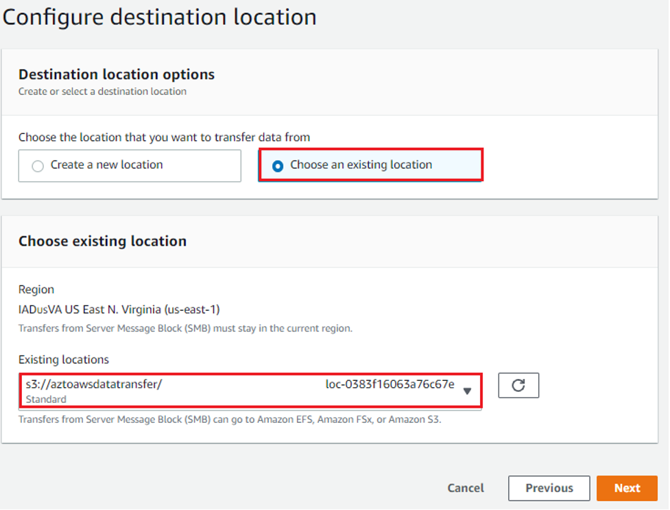 The AWS Management Console displays the Configure destination location settings. The settings correspond to the Amazon S3 location previously created.