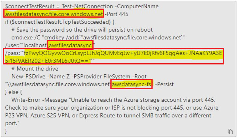 The Azure console displays the connection settings dialog box. The SMB server name, file share name, user name, and password are highlighted.