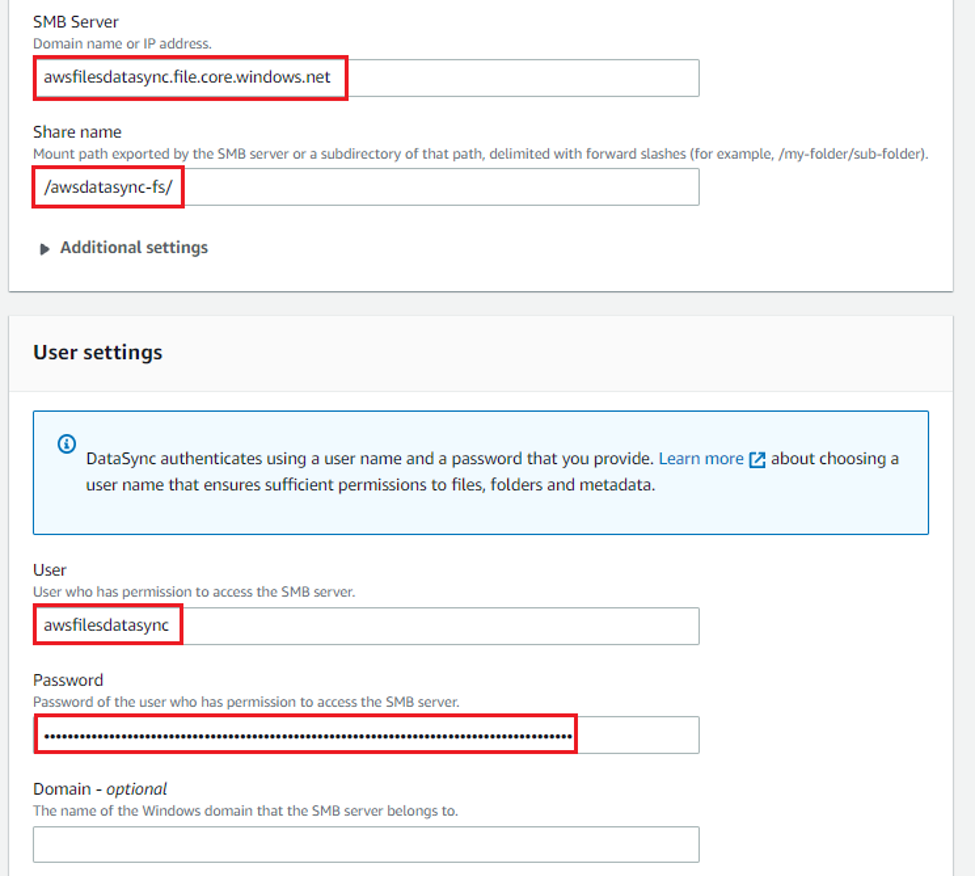 The AWS Management Console displays the Create location settings for the Azure SMB file share. The highlighted settings correspond to those retrieved from the Azure Connect dialog box. 