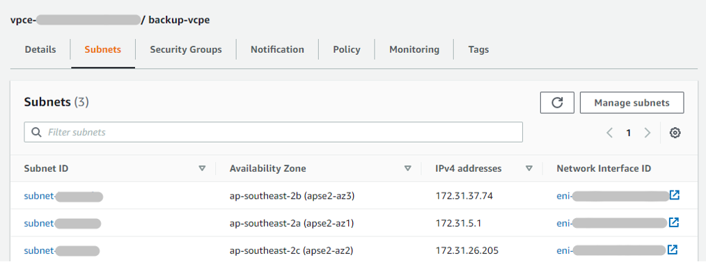 Figure 10: AWS Elastic Network Interface (ENI) created for and associated to a VPC interface endpoint