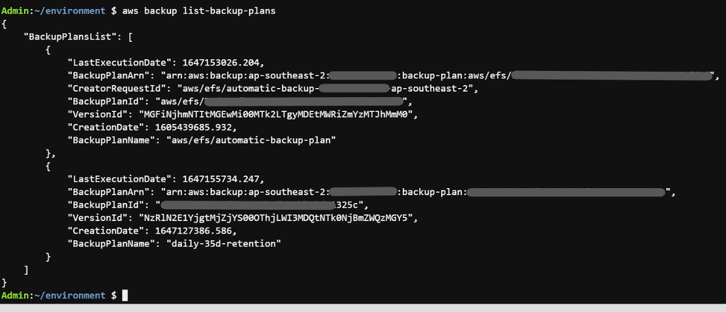 Figure 13 - Example of AWS Backup service's list-backup-plans command