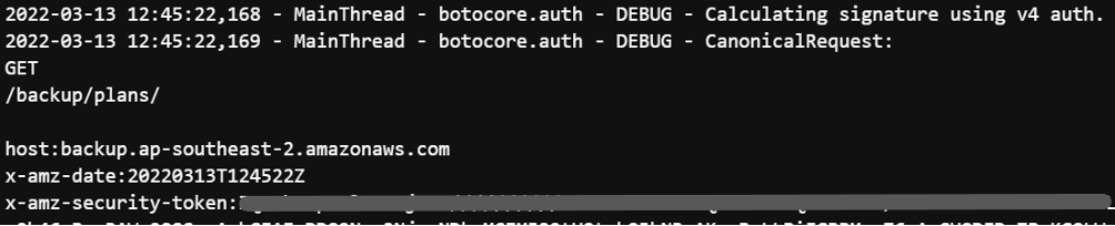 Figure 14 - Example of AWS Backup service's list-backup-plans command in debug mode