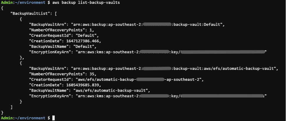 Figure 15 - Example of AWS Backup service's list-backup-vaults command