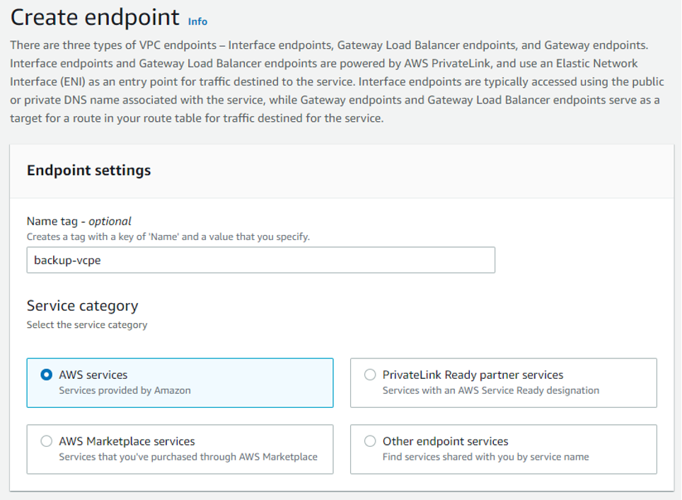 Figure 4 - AWS Management Console to create a new VPC endpoint