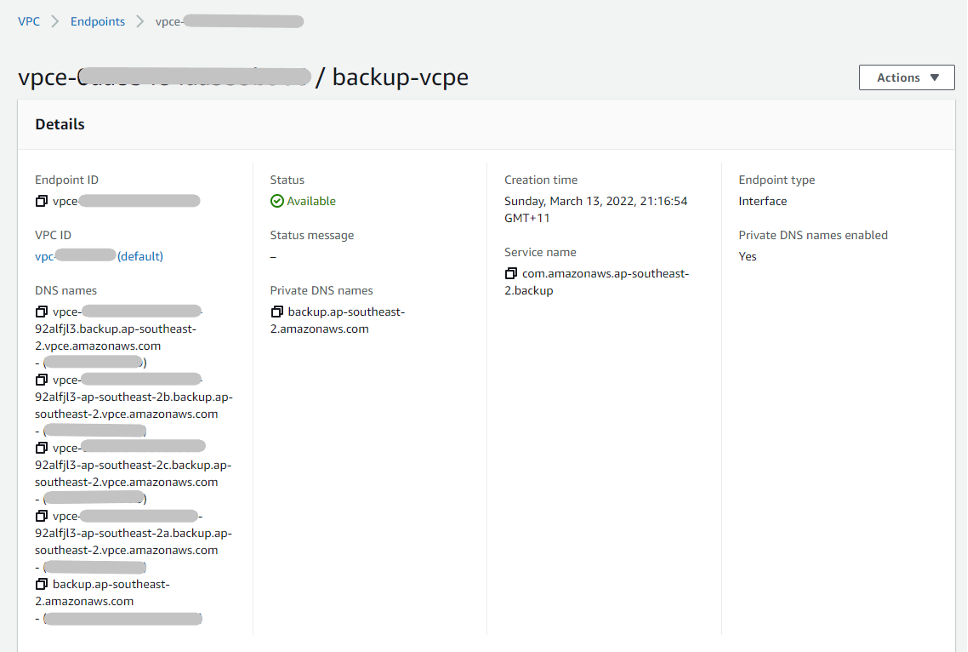 Figure 9 - Details for VPC interface endpoint post creation