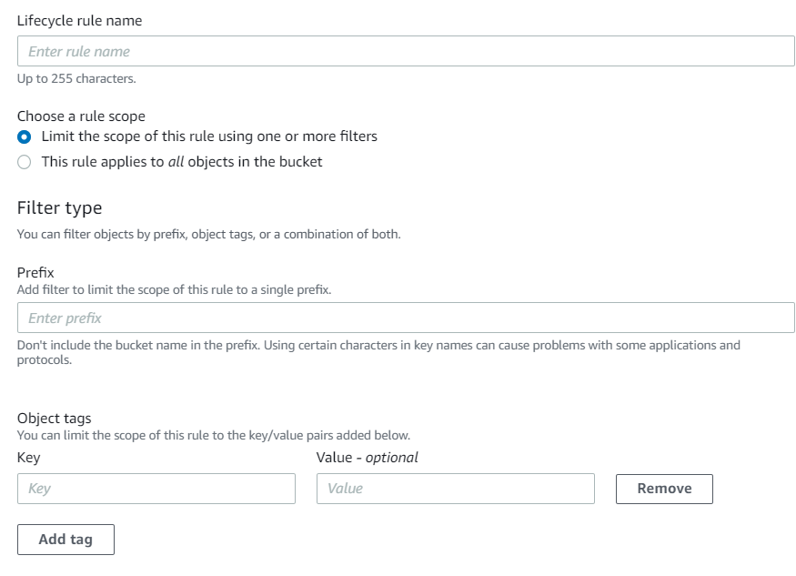 Creating an S3 Lifecycle rule to and choose a rule scope