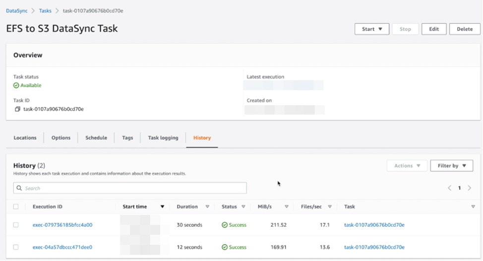 Figure 7- AWS DataSync task executions