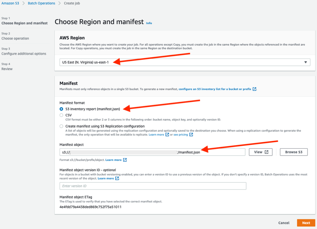 Fig.4- Step one of the S3 Batch Operations wizard where you specify the AWS Region and either a manifest file or CSV that lists the files to be processed