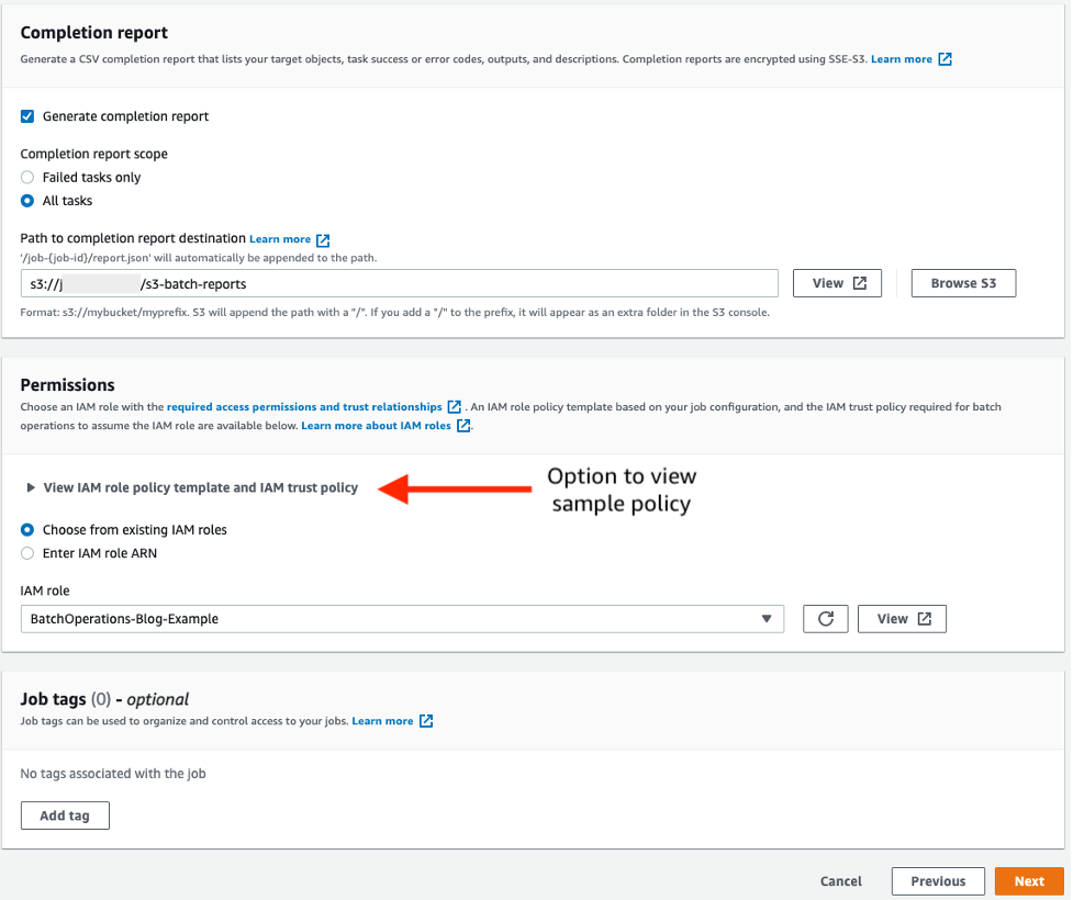 Figure 6 - Configure your S3 Batch Operations completion report and set an appropriate IAM role