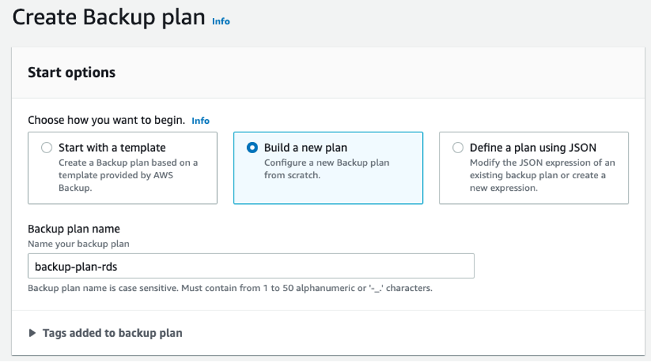 AWS Backup console create new backup plan account-a Region-a