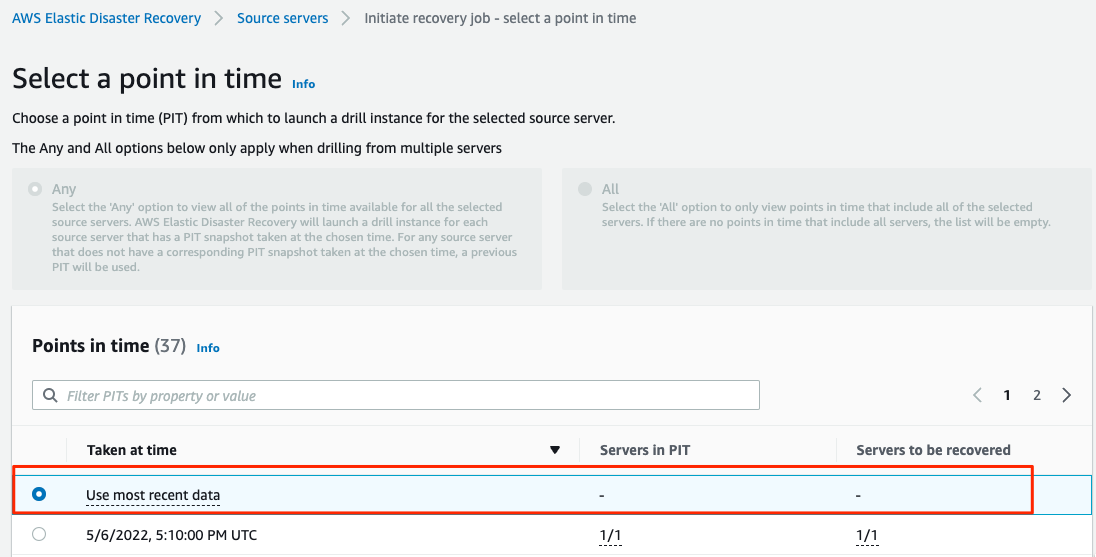 Select point in time for recovery