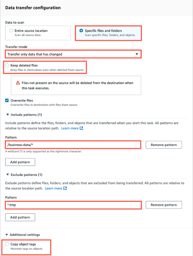DataSync task configuration settings with include and exclude patterns.