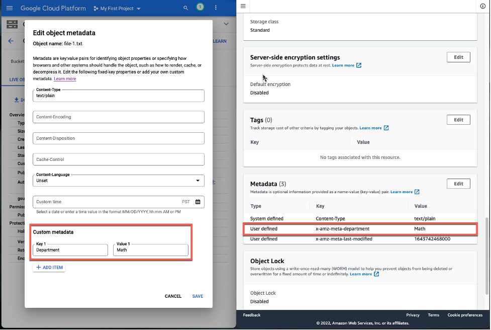 DataSync transferred object metadata from Google Cloud Storage bucket to Amazon S3 bucket.