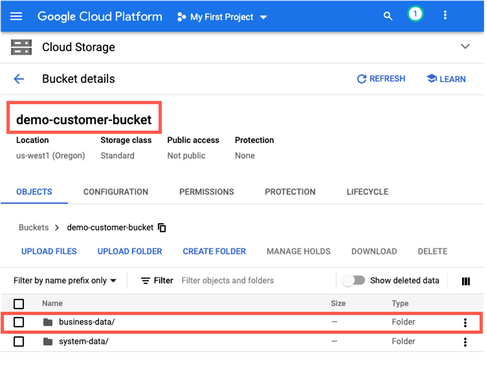 Google Cloud Storage bucket as source with two folders.