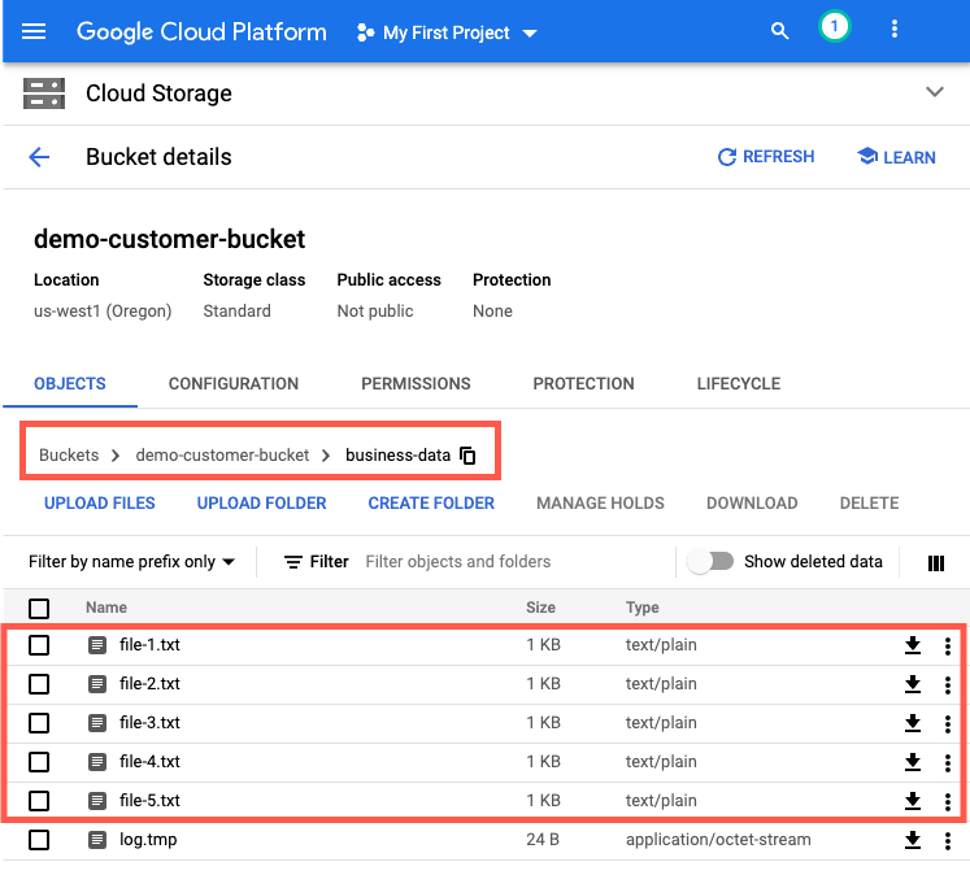Google Cloud Storage bucket contains five objects to transfer and one temp file to ignore.